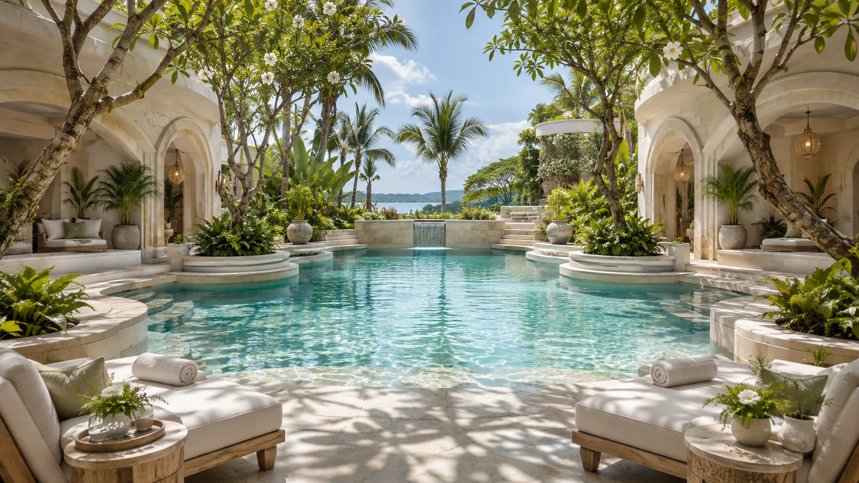A luminous aquamarine ritual pool framed by tropical gardens and limestone arches