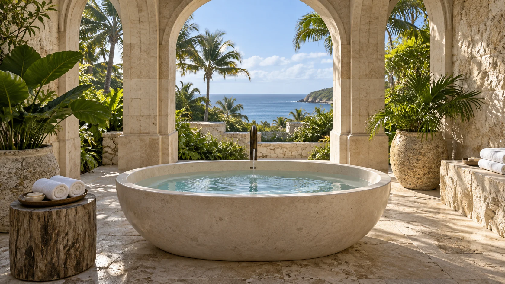 A private stone bathing courtyard with palms and a luminous ocean view
