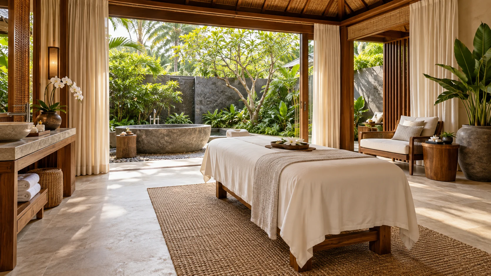 A private treatment suite opening into a sunlit tropical garden